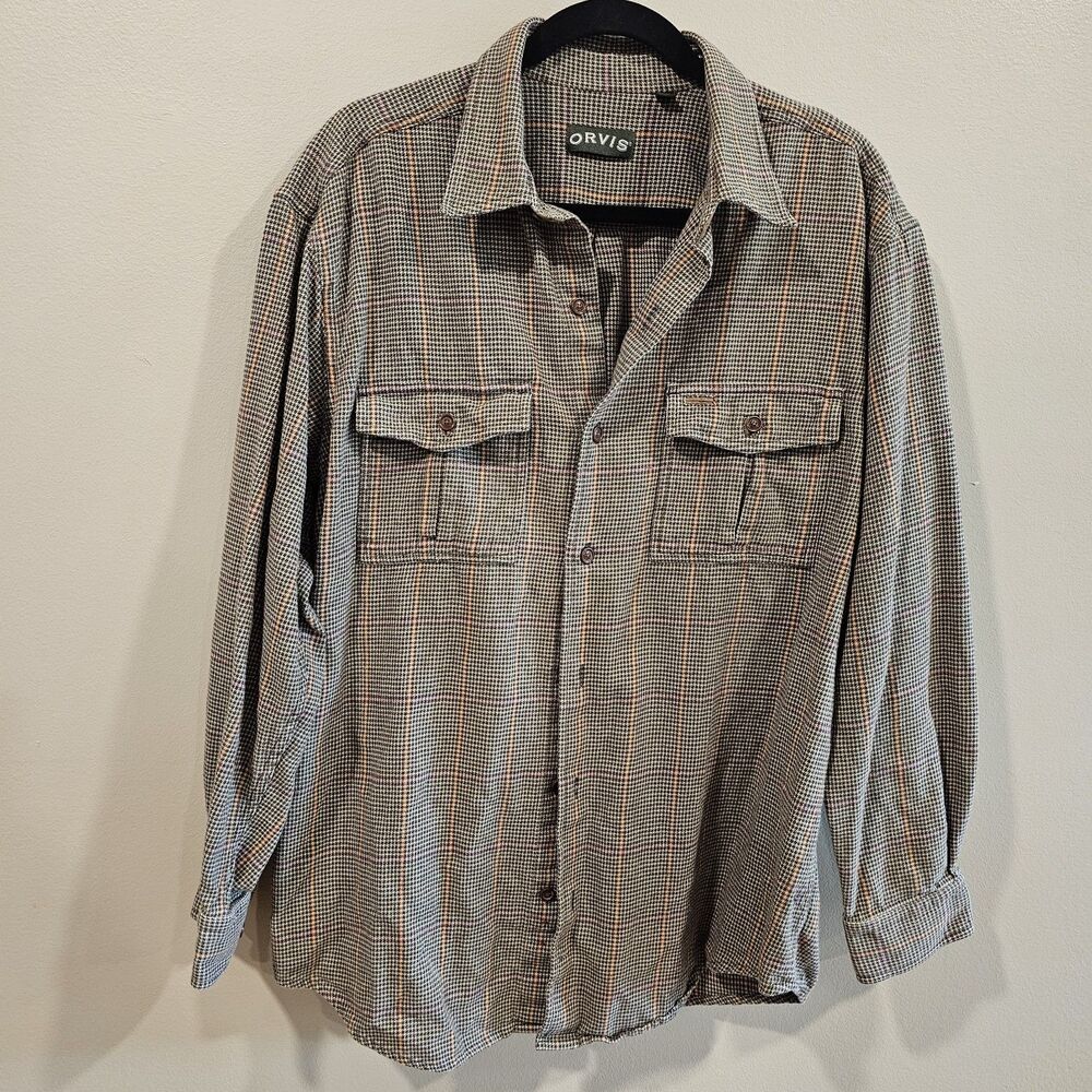 Orvis Mens L Plaid Flannel Button Down Shirt Classic Fit Tan Brown Orange